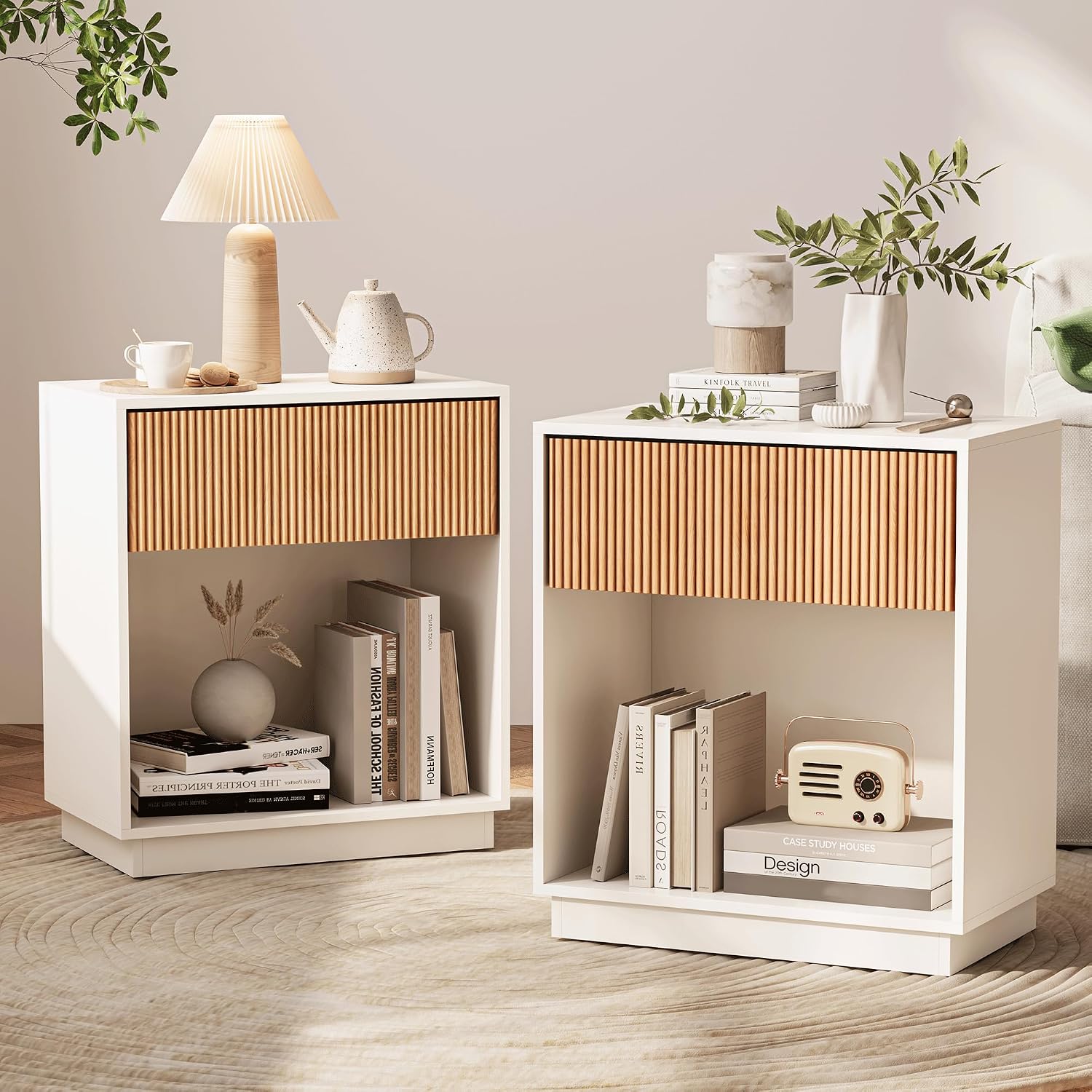 Desk Setup White - Set di 2 comodini scanalati moderni